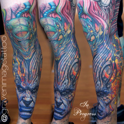 gravenimagetattoo:  Jesse’s leg sleeve coverup ( flames / clouds