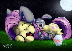 Judy and Fluttershy are just a bit tired after hiding eggs for