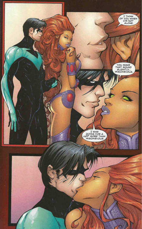 genericpagenumber1313:  outlawstarfire:   Titans: Old Friends c.2008  Under the influence of a desire/lust demon.  SUUUUUUUUURRRRRRREEEEEEE………..   Joe Benitez and Judd winickTitans Vol2 #1