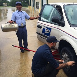 buttpee:  This is how we do it in Texas. Mail man catches a flat,