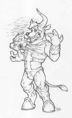 doodlingdog:  Reshi the Rubber Bull Drone Here’s a two parter for Resi-Chibi of FA! His character - Reshi the Wolf-Fox is undergoing both physical and mental change. His body is slowly wrapped in thick, shiny rubber and his mind overtaken by drone program