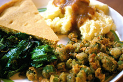 everybody-loves-to-eat:  Mashed Potatoes, Fried Okra, Collard