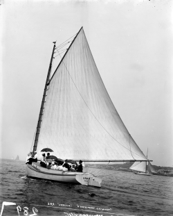 redhousecanada:  kafkasapartment: Ursula, a Newport catboat, 1895. John S. Johnston.  I&rsquo;ve never seen umbrellas on a sailboat, curious.