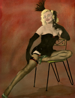 Hand-tinted photo illustration of “The Swiss Miss”: Syra Marty..  The artwork was created using this photo..