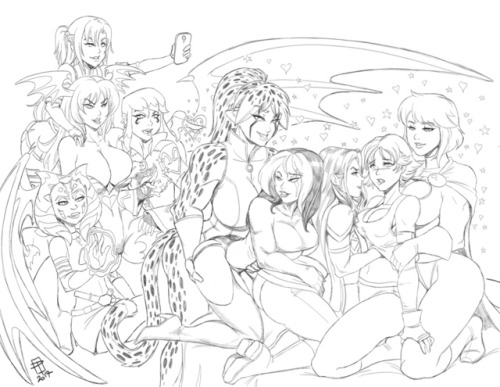 callmepo:  Big-assed commission is done! A sexy-but-absolutely-no-nudity sketch commission for awr74 of nine lovely ladies engaged in a little experiment/challenge. The trio of Morrigan, Charmcaster, and Ahsoka Tanno see what they can make the lovely