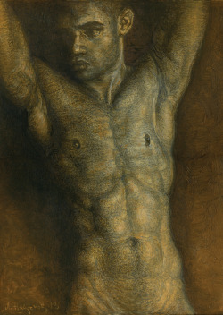 lyubomir-naydenov:“Male nude”, 2013Oil and pencil on canvas,h.