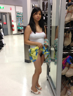 chinesewife:  Flash her pussy at k-mart, she so nervous but loving