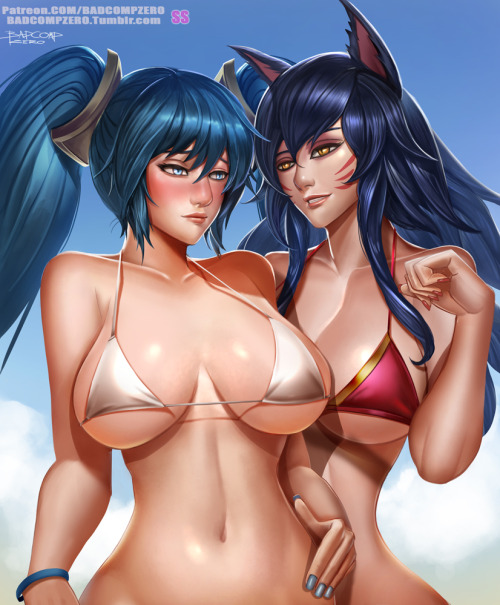 badcompzero:  Sona X Ahri Sexy Beach  VIP Tier Commission ฺby ad-referendum.deviantart.com/  Frank Leo VIP COmmission he want me to draw Ahri & Sona squeeze breast I draw 2 version -  normal version and  - squeeze breast version I attach another