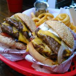 yummyfoooooood:  Double Cheeseburgers & Curly Fries 