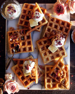 fullcravings:  Buttermilk Waffles with Maple Poached Rhubarb