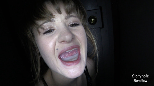 Cute young babe never even had cum in her mouth before and she sucked off 9 random strangers and swallowed every drop that was fed to her.Â  Now she wants a gangbang in the Theater Room!Â  We created a monster!GloryholeSwallow.com