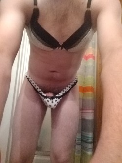 inknpanties: pink-panty-dude:  Which thong looks the best with this bra??;) Send me hot pics and dirty messages please!;)  I vote for the white thong with black polka dots! You should show that one to me in person. Just to make sure. 