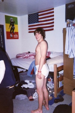 nappiesandchains:  Jerry is you typical student, messy room, Bob Marley poster and diapers in case he wets the bed after a night on the beers. 