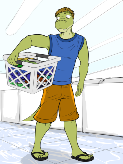 Introducing Buff Gator dude in the laundromat scene idea, still