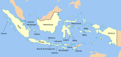 Indonesian islands, labeled with the European country closest