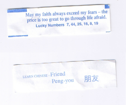 fortuneaday:  [A white fortune cookie paper with blue text. Front: