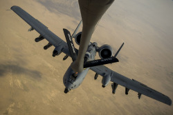 usairforce:  An A-10 Thunderbolt II receives fuel from a KC-135