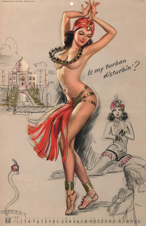“Is my turban disturbin’?..”Pinup artist Knute (K.O.) Munson illustrates a costumed showgirl for the popular “Artist’s Sketch Pad” calendar series; as published by the ‘Brown & Bigelow’ advertising agency in 1946..