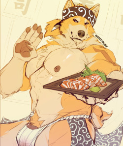 werethropelaporte:Oki Ka-ru the curly sushi boyready to serve