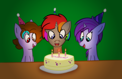 seafooddinner:Some birthday art I made for me, Shino, and Towie.