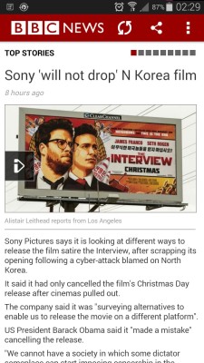 ultralaser:  Sony ‘will not drop’ N Korea film - http://www.bbc.co.uk/news/world-us-canada-30559169