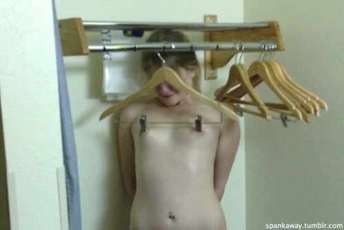 jerrybear:  Best way and place I know to store your sub in a motel room. Poor Snow and her tenderized nipples.  Another great clothes hanger pic - and there’s not too many where she’s hung up in the closet…