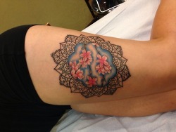 fuckyeahtattoos:  Mandala/Cherry Blossom thigh-piece TRX Tattoos