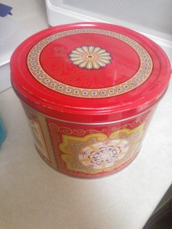I got this giant Swedish cookie tin for a dollar at the antique