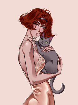mmonsterbones:a sleepy android n her chubby kitten :3
