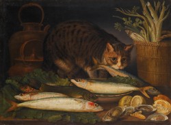 den-koon:oldpaintings:Still-life with a cat and a mackerel on