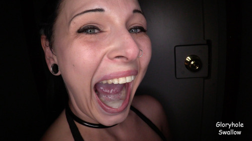 This hot new MILF got more than see expected during her first visit to the SexShop Gloryhole.Â  After she got her belly filled with cum she joined her transgender wife in the Theater Room where they both shared a huge cock.http://gloryholeswallow.com