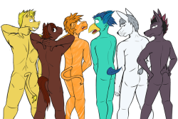 A line up of furry dudes showing off their butts.  It was back