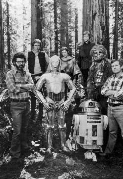 George Lucas, Harrison Ford, Anthony Daniels, CarrieFisher, Kenny