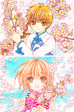 witchandhuntress:Syaoran and Sakura holding sakura flowers.