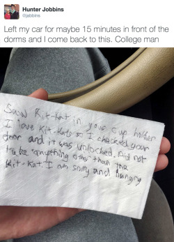 tastefullyoffensive:  “Saw Kit-Kat in your cup holder. I love