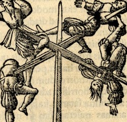 abinferis:  Torture instrument with four male figures impaled