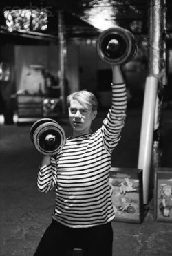 soundsof71:  Andy Warhol working out at The Factory, New York