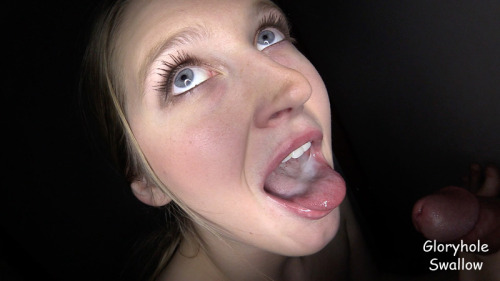 gloryholeswallow:  Horny Blonde college babe has another Gloryhole adventure and gets a huge cum feeding from complete strangers while her b/f is home waiting for her.