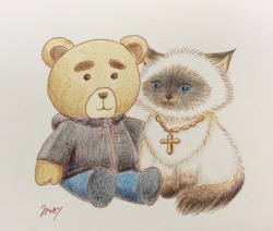 mitty3000:Color pencil drawing Otabear and Potya 色鉛筆でオタベアとピョーチャ