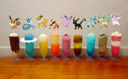 meowpurrnom:  Say hello to my Eeveelution frozen cocktail menu!Eevee: