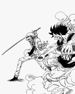 Law trying to force Luffy and a monkey to eat his bread for