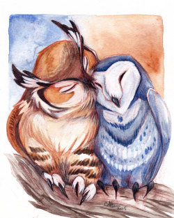 caramitten:‘Allopreening’ Cute owls being cute. Commission