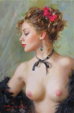 artbeautypaintings:  Elegant lady with feathers - Konstantin