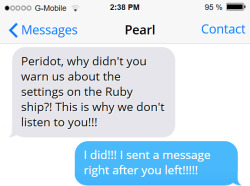 New headcanon that Pearl still doesn’t have Peridot’s number