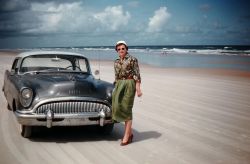 grayflannelsuit:  On the beach with her Buick, c. 1950s.