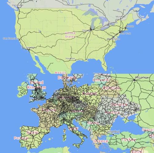 mapsontheweb:   Passenger trains in US vs Europe (image is making