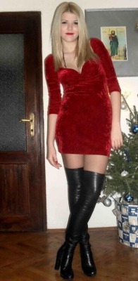 fashion-tights:  Red velvet dress with over the knee boots 