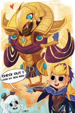 fuyune-:  “CHECK OUT!!Look at my new bird!!”Quinn, Azir