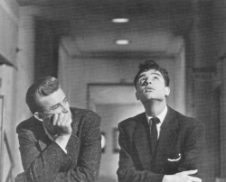 wehadfacesthen:  James Dean and Sal Mineo on the set of Rebel