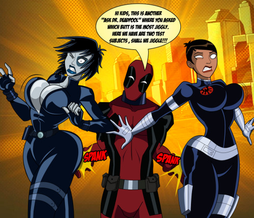 grimphantom2:  grimphantom2:  grimphantom:  Ask Dr. Deadpool: The Jiggly Effect by *grimphantom Hey guys,Commission done for   who ask Deadpool spanking both Domino and Maria Hill from Avengers: Earth’s Mightiest Heroes. If you notice i went on the